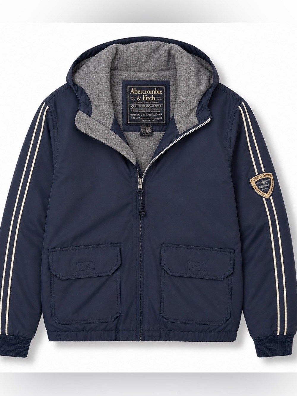 Abercrombie & Fitch Navy and Gray Hooded Parka Coat with Cream Stripe Detail